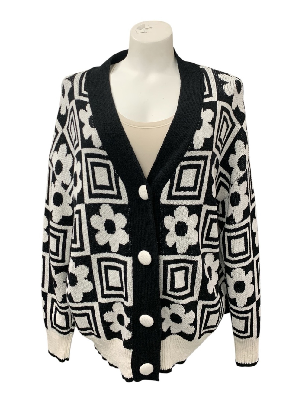 cleo Black and White Geometric Floral Cardigan